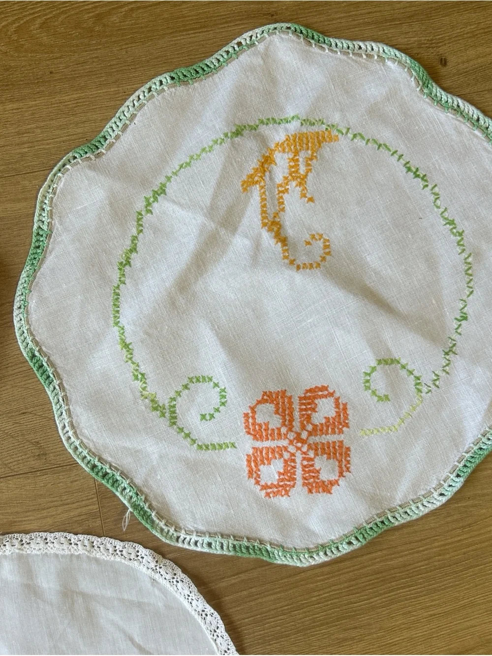 Embroidered Linen Doilies Set in White with Orange & Green Accents